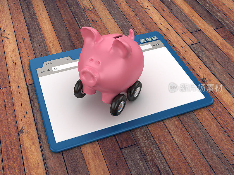 Web浏览器与小猪银行在轮子上的木地板背景- 3D渲染